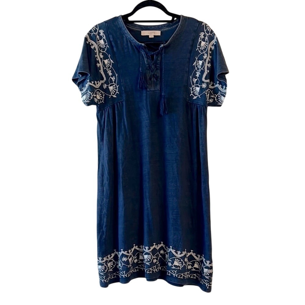 Boho Embroidered Denim Tassel Mini Dress Blue Embellished Tunic by LOFT Small - Picture 1 of 10